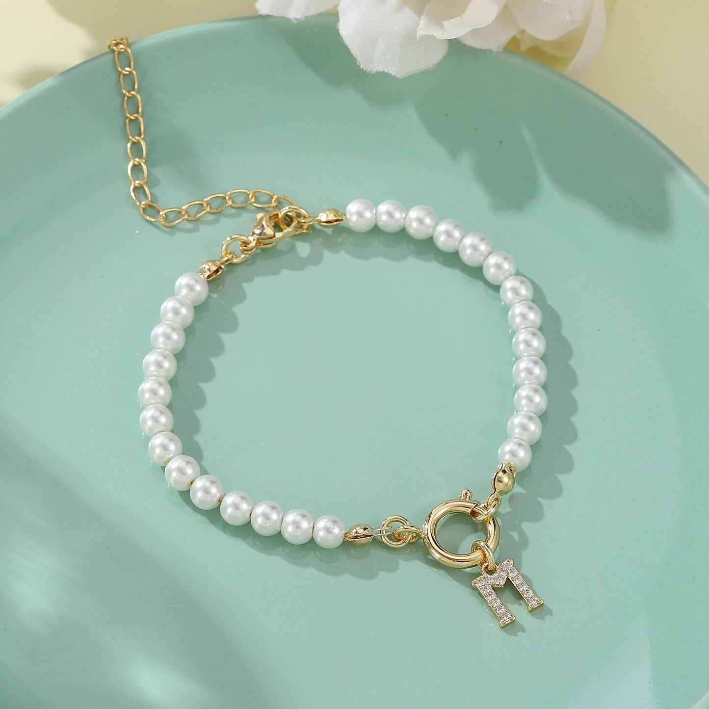 Pearl Bracelet with Initial Pendant - New Fashion Toggle Clasp Women's Jewelry Gift