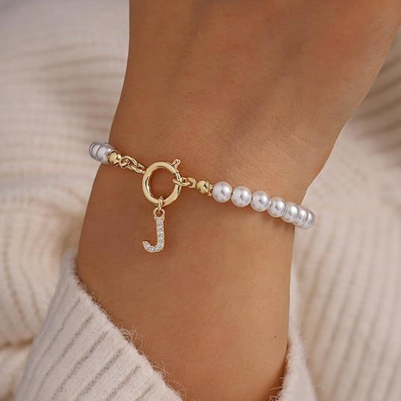 Pearl Bracelet with Initial Pendant - New Fashion Toggle Clasp Women's Jewelry Gift