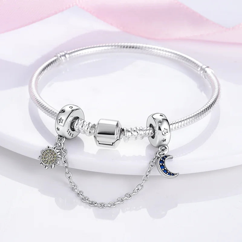 925 Sterling Silver CZ Pave Daisy Clip Beads Stopper Safety Chain - Compatible with Original Pandora Charm Bracelets