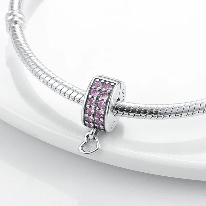 925 Sterling Silver CZ Pave Daisy Clip Beads Stopper Safety Chain - Compatible with Original Pandora Charm Bracelets