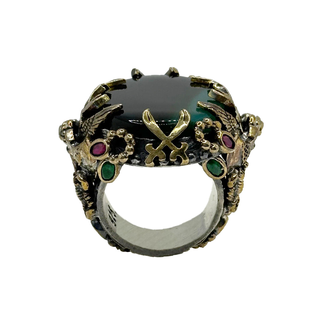 Handcrafted Silver 925 Ring with Bronze Details and Original Agate Stone - Unique Piece, 50g