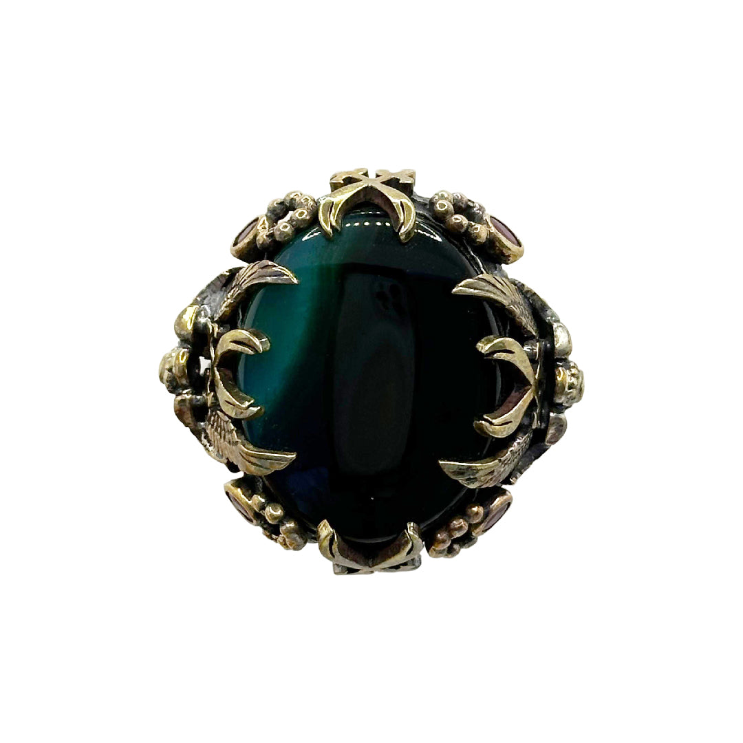Handcrafted Silver 925 Ring with Bronze Details and Original Agate Stone - Unique Piece, 50g