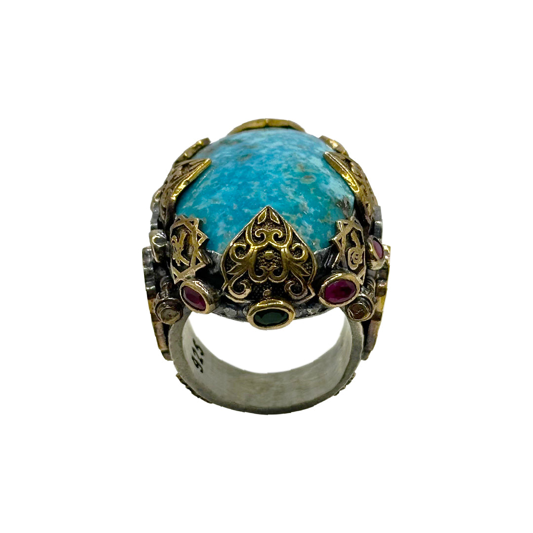 Handcrafted Ottoman-Style Unique Real Firoza Stone Ring