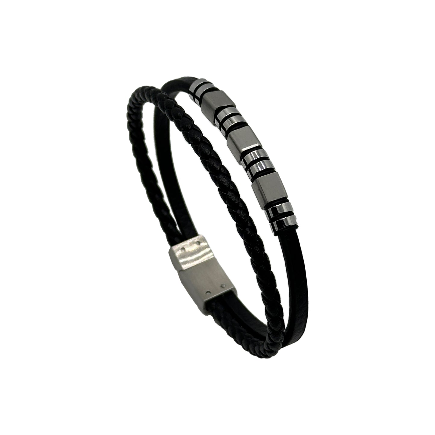 Men's Steel Bracelet with Black Leather Cord - Stylish Steel Bead Detail