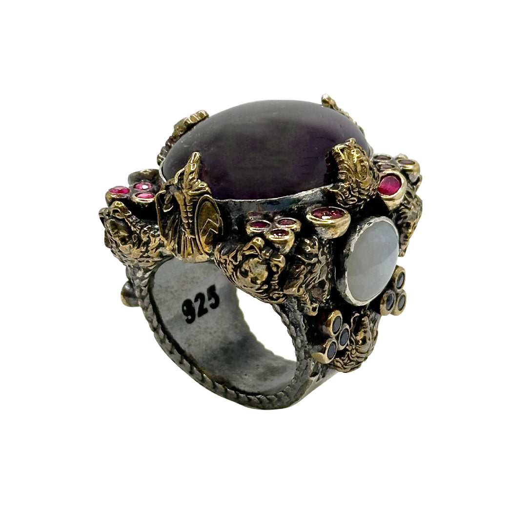 Handcrafted 925 Sterling Silver Amethyst Ring with Bronze Detailing - 55g