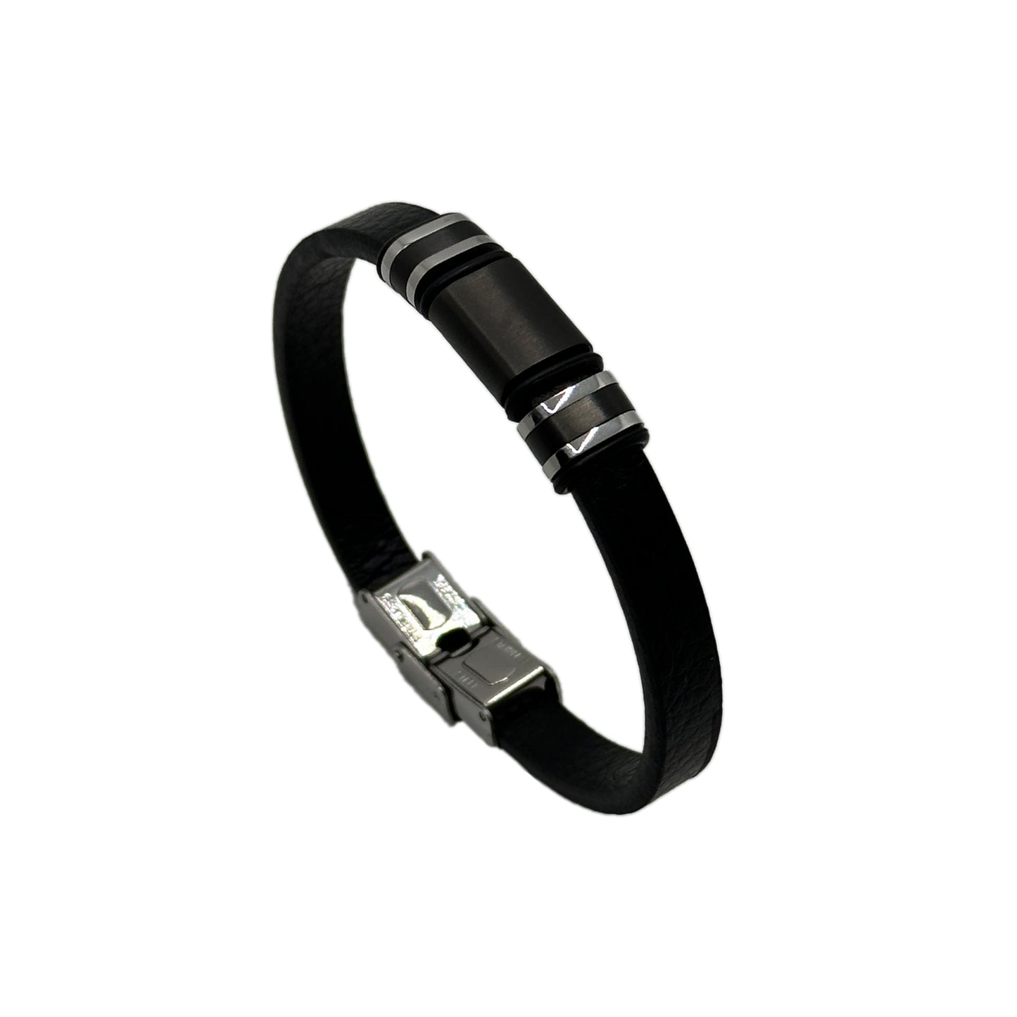 Men's Stainless Steel Bracelet with Black Leather Cord