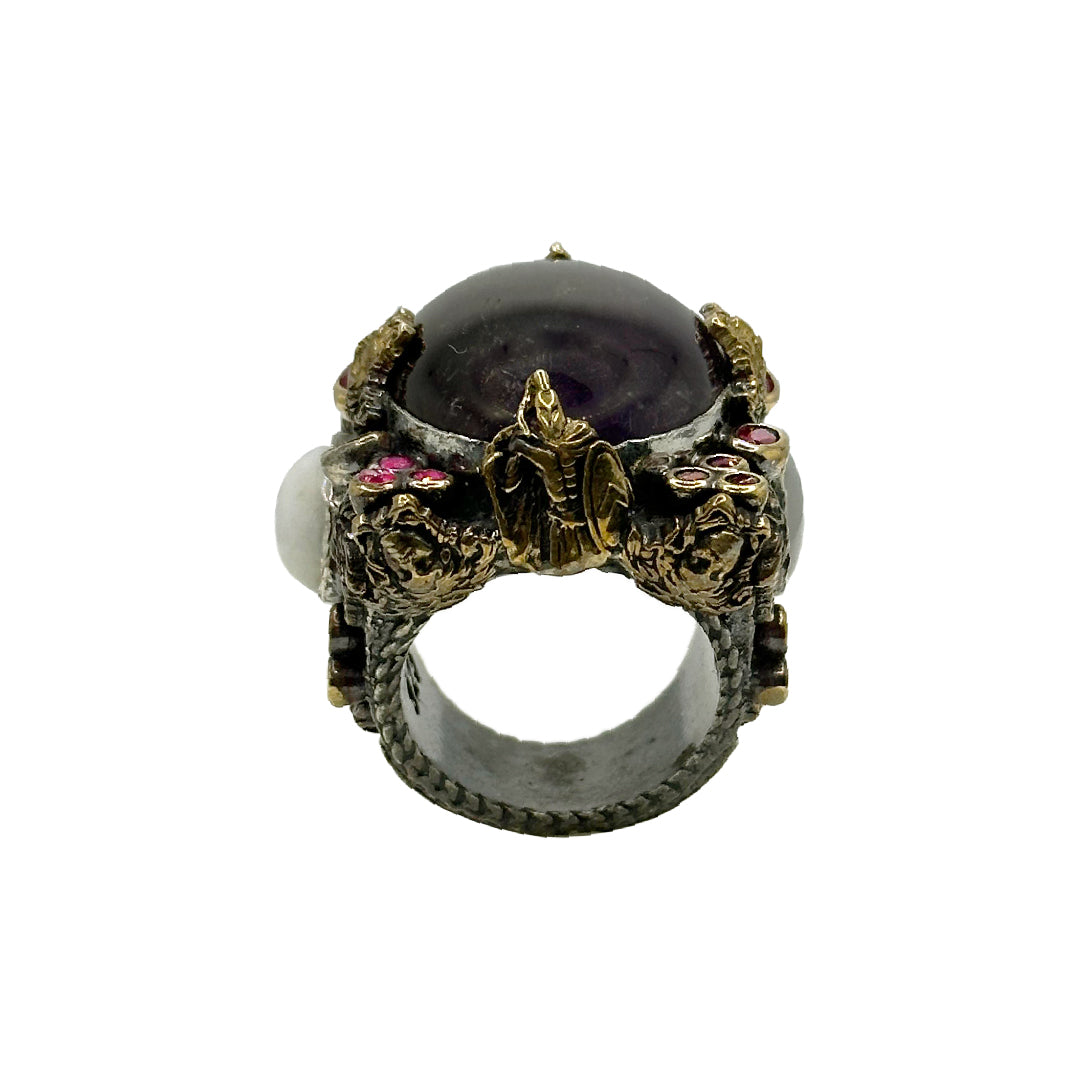 Handcrafted 925 Sterling Silver Amethyst Ring with Bronze Detailing - 55g
