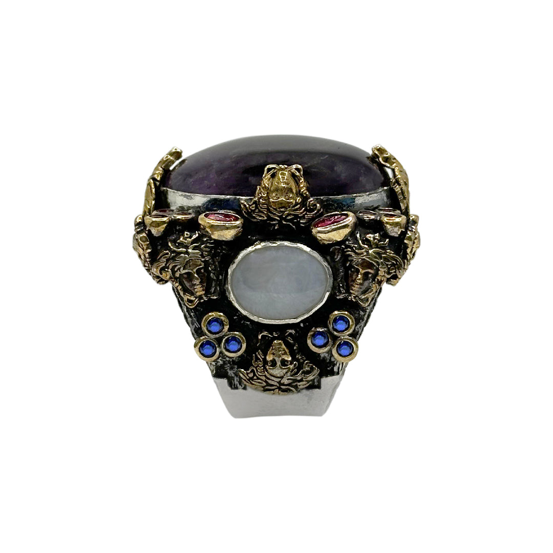 Handcrafted 925 Sterling Silver Amethyst Ring with Bronze Detailing - 55g