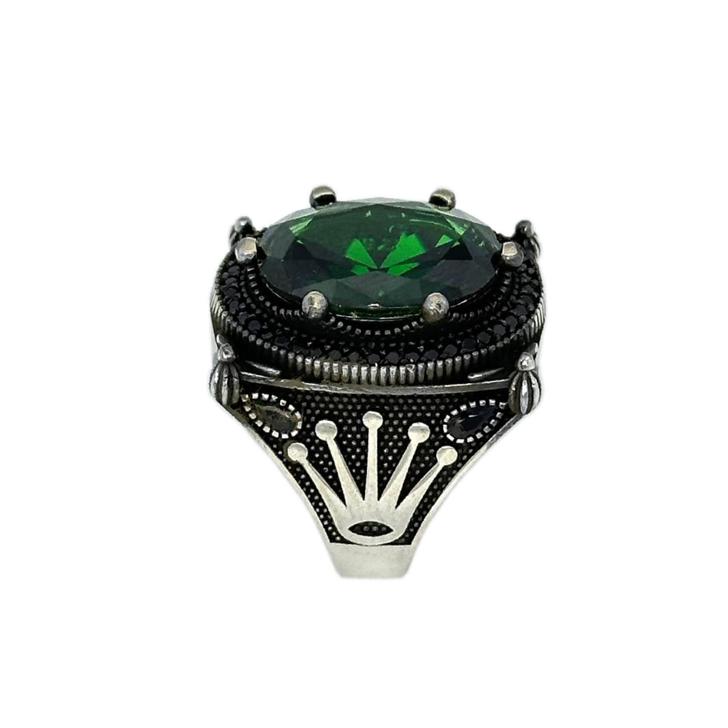 Silver Crown Ring with Green Zirconia Stone