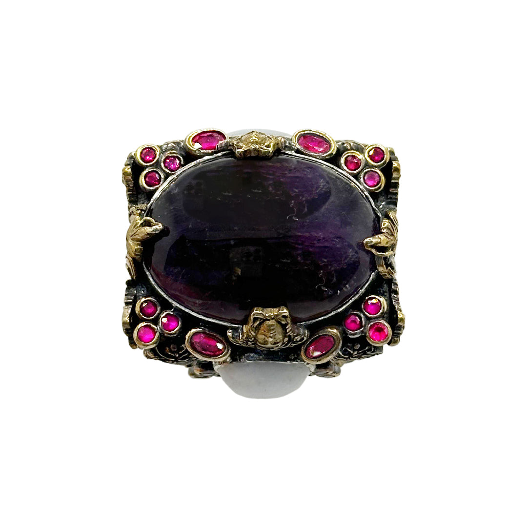 Handcrafted 925 Sterling Silver Amethyst Ring with Bronze Detailing - 55g