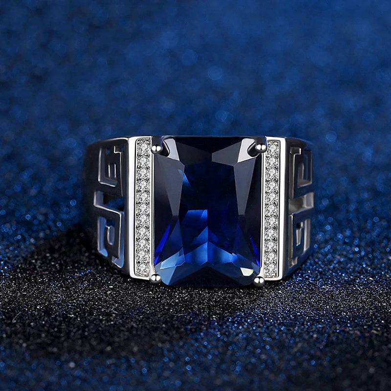 Men Ring Silver 925 Jewelry with Sapphire Zircon Gemstone Finger Rings Ornaments for Wedding Bridal Party Gift