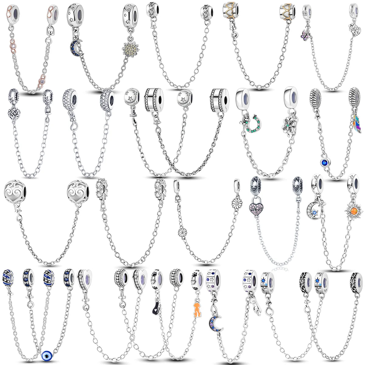 925 Sterling Silver CZ Pave Daisy Clip Beads Stopper Safety Chain - Compatible with Original Pandora Charm Bracelets