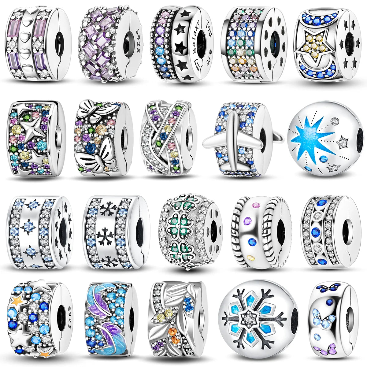 925 Sterling Silver CZ Pave Daisy Clip Beads Stopper Safety Chain - Compatible with Original Pandora Charm Bracelets