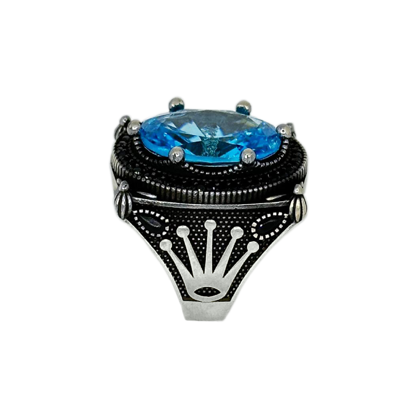 Silver Crown Ring with Aquamarine Stone
