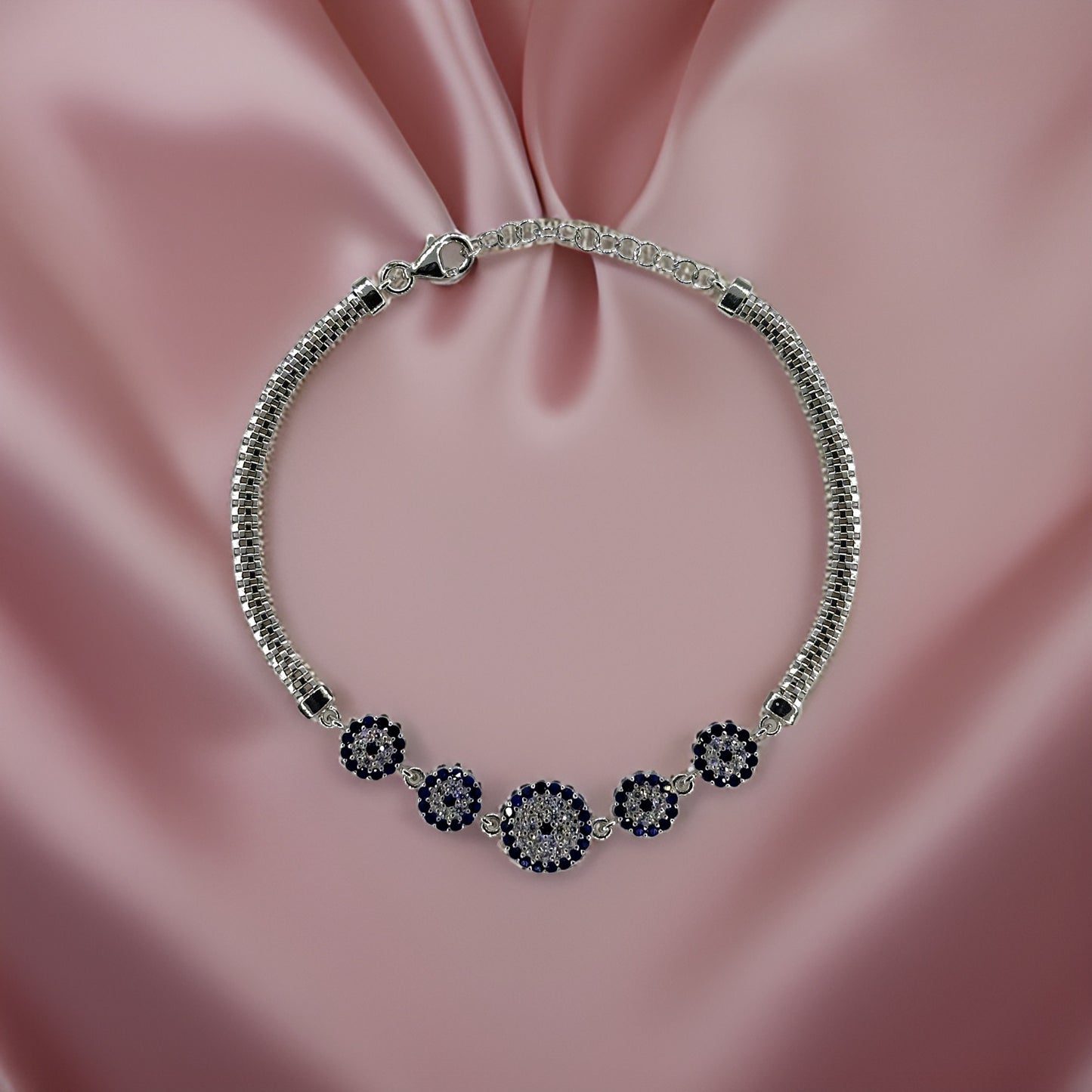 Silver 925 Nazar(Evil Eye) Charm Bracelet with Blue and White Zircon