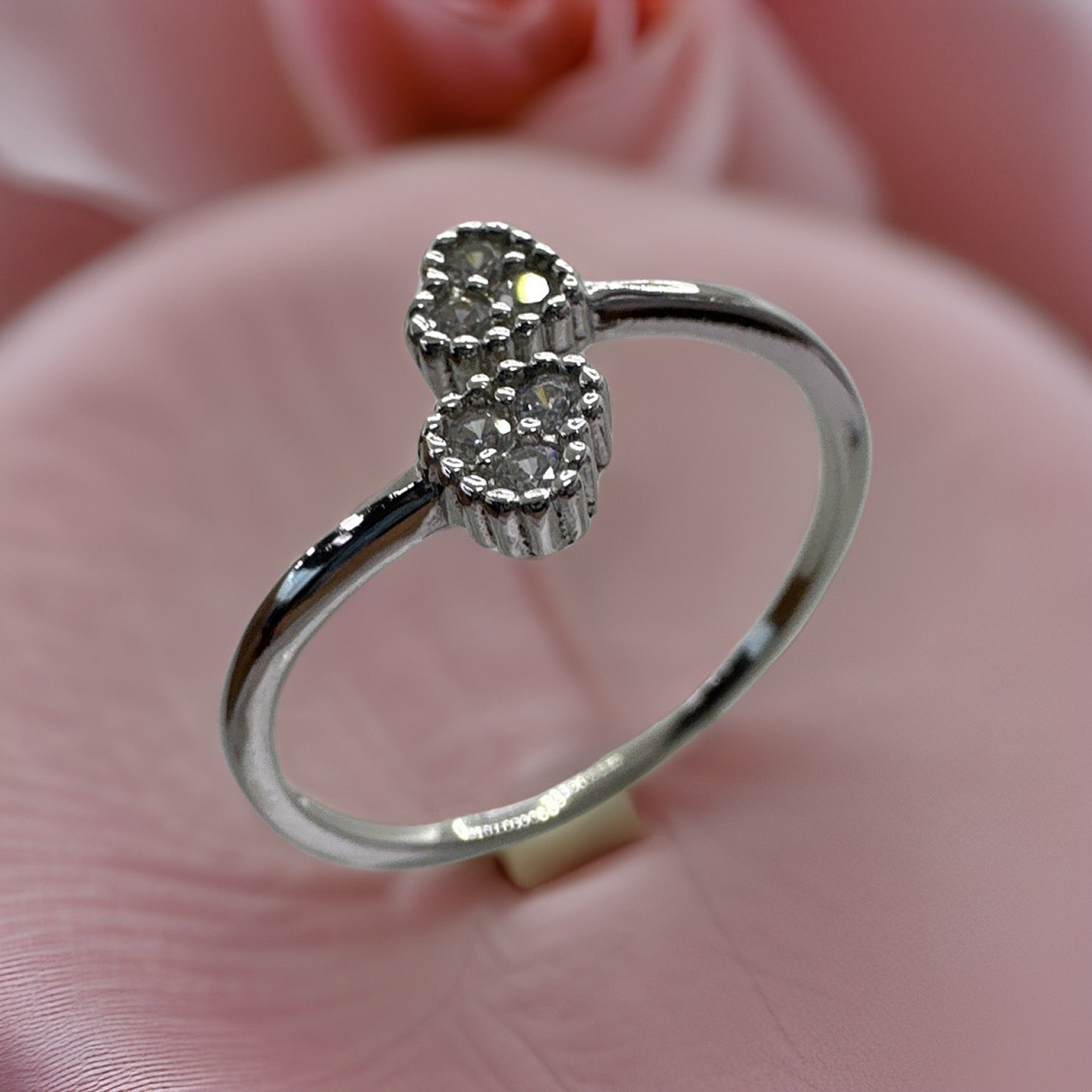 Sparkling Double Heart Design Sterling Silver Ring with White Zircon