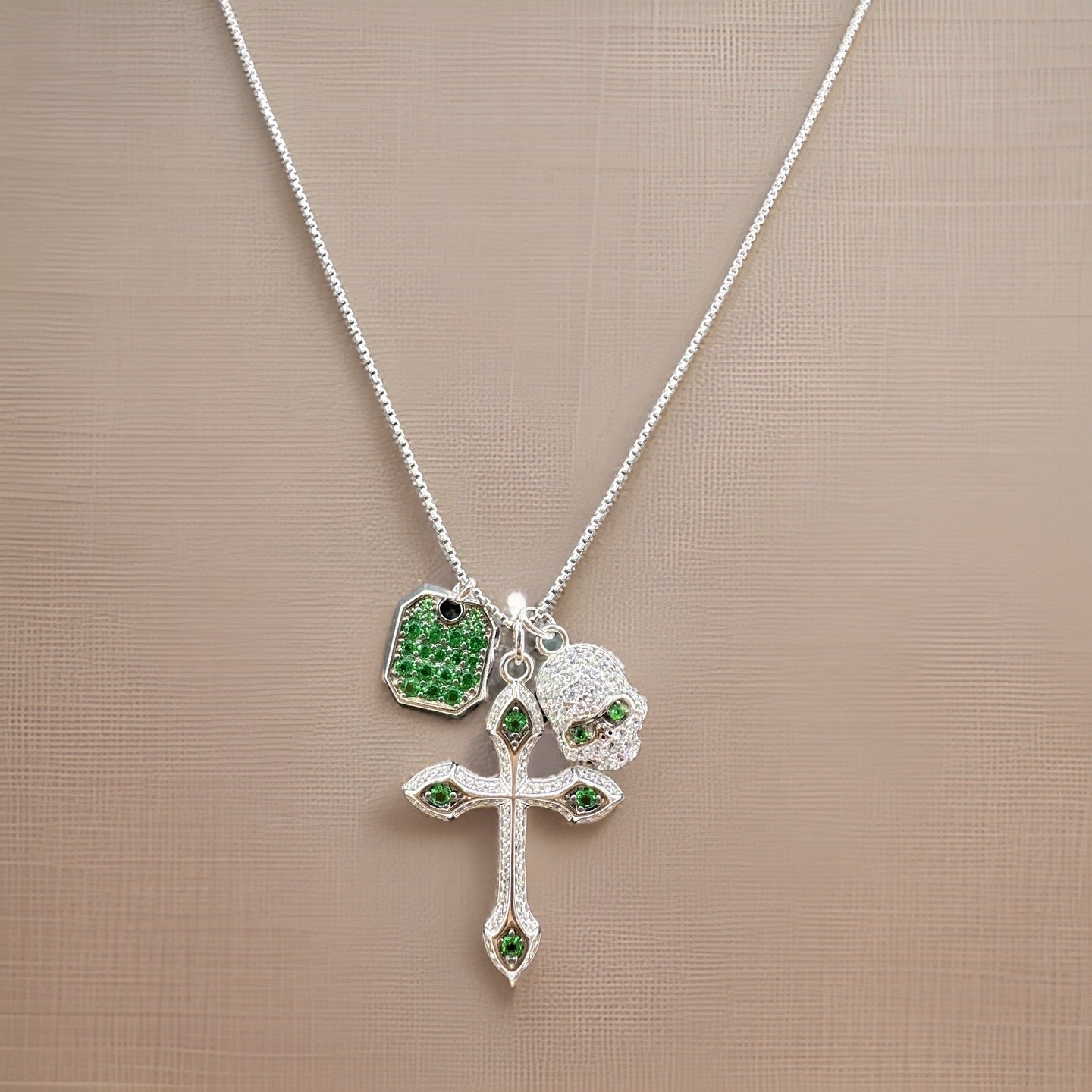 Sterling Silver 925 Cross, Skull Necklace with Green and White Zircon Stone