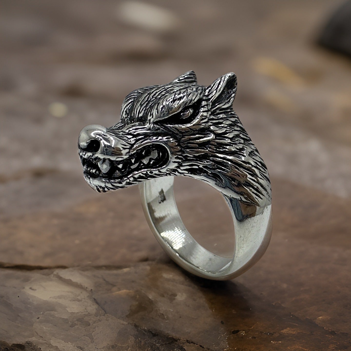 Silver Wolf Head Ring