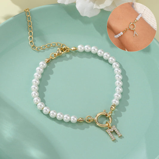 Pearl Bracelet with Initial Pendant - New Fashion Toggle Clasp Women's Jewelry Gift