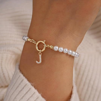Pearl Bracelet with Initial Pendant - New Fashion Toggle Clasp Women's Jewelry Gift