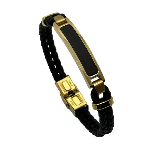 Black Leather and Gold-Plated Stainless Steel Name Bracelet