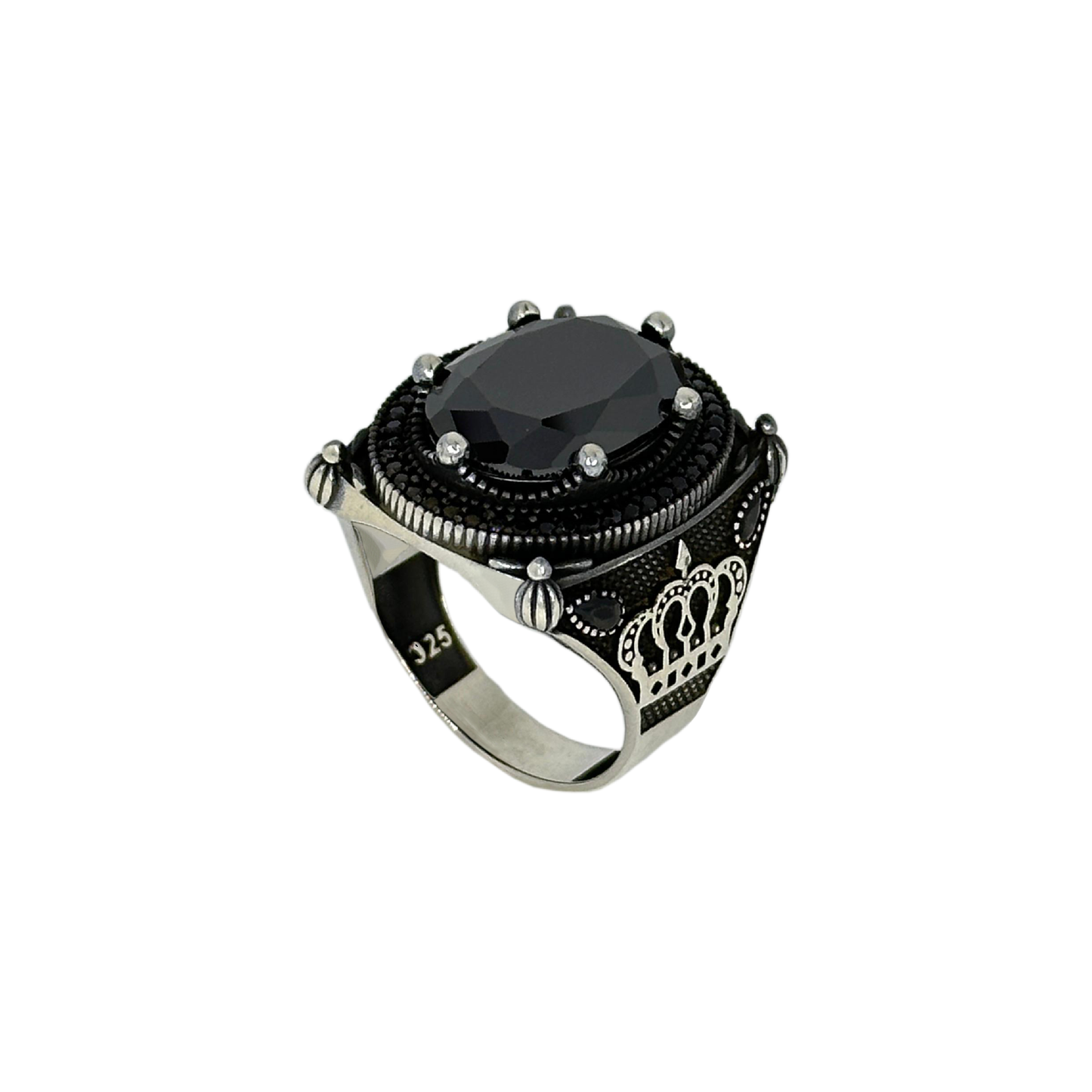 Sterling Silver Black Stone Crown Ring