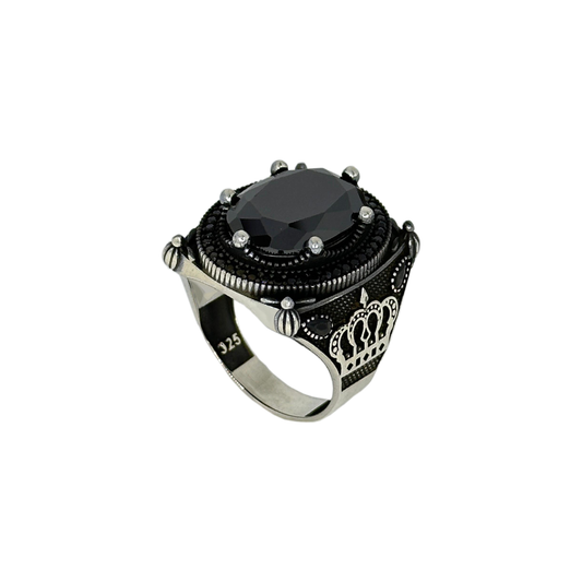 Sterling Silver Black Stone Crown Ring