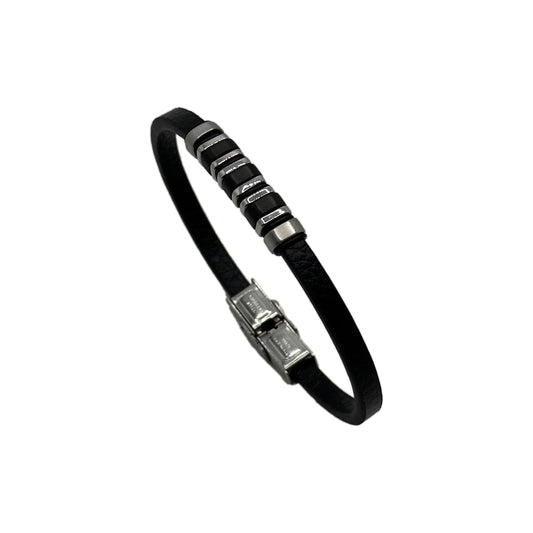 Black Leather Bracelet - Stainless Steel Clasp - Classic Design