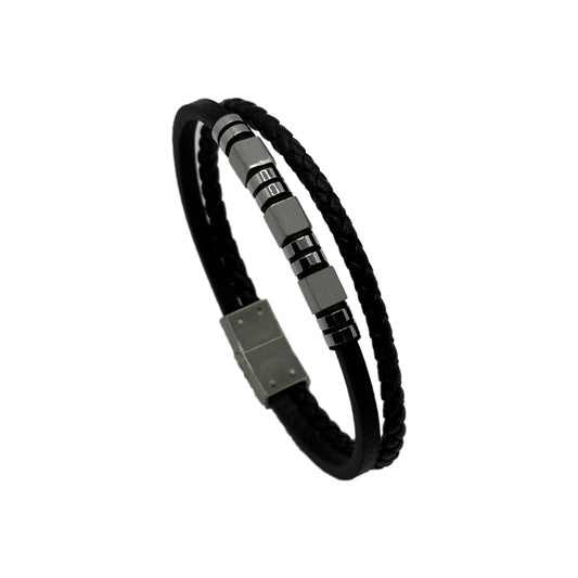 Black Leather Bracelet - Matte Stainless Steel Clasp - Minimalist Design