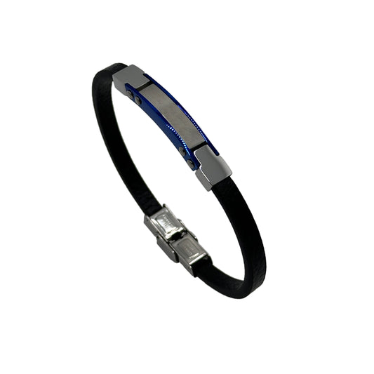 Black Leather Bracelet with Blue Accents & Matte Stainless Steel Clasp - Minimalist Design