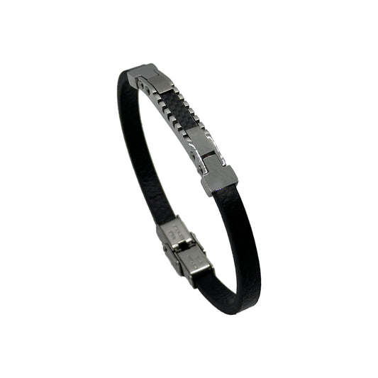 Stainless Steel Men's Bracelet with Black Leather Cord