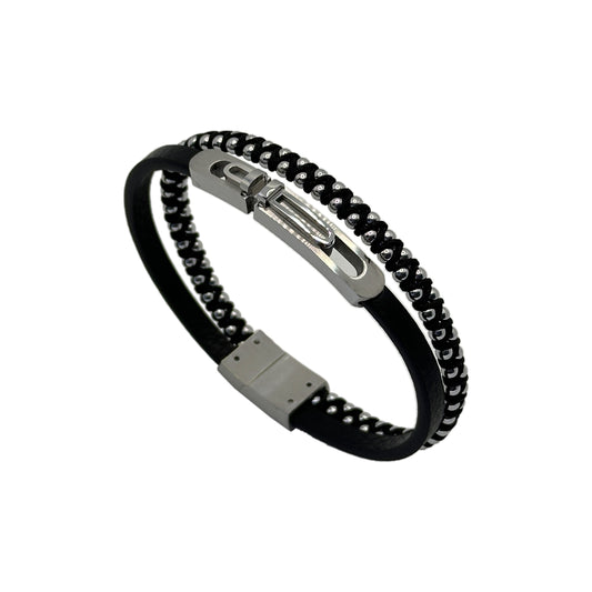 Chic and Black Leather Bracelet with Matte Stainless Steel Clasp and Bead
