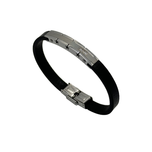 Chic and Sophisticated Black Leather Bracelet with Matte Stainless Steel Clasp and Cubic Zirconia Accents