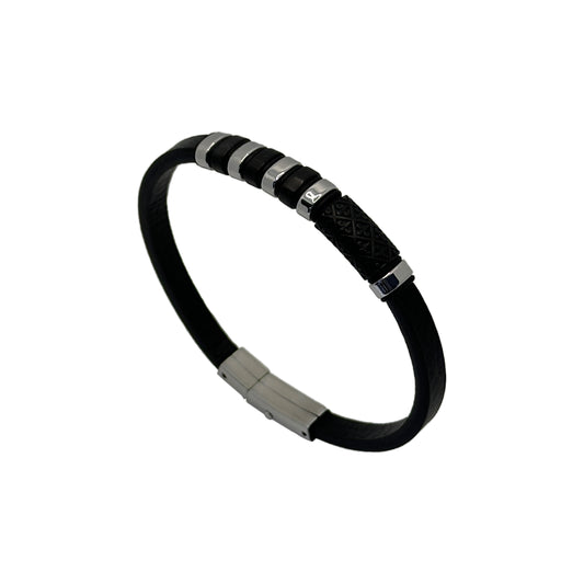 Men's Black Leather Bracelet with Stainless Steel