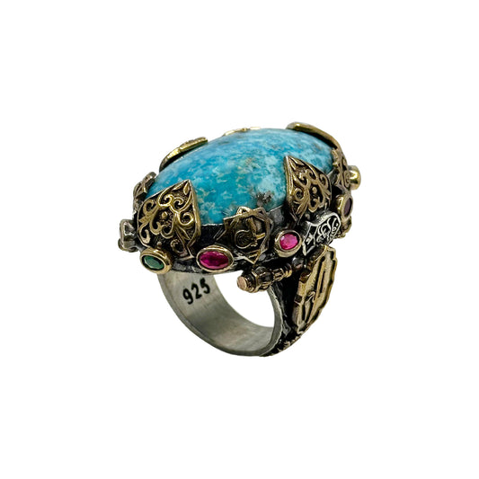 Handcrafted Ottoman-Style Unique Real Firoza Stone Ring