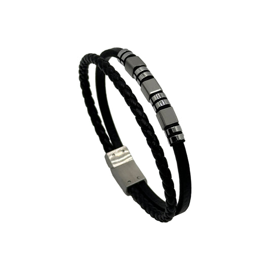 Men's Steel Bracelet with Black Leather Cord - Stylish Steel Bead Detail