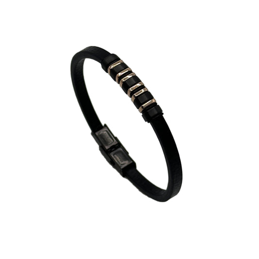 Men's Steel Bracelet with Black Leather Cord - Gold Plated