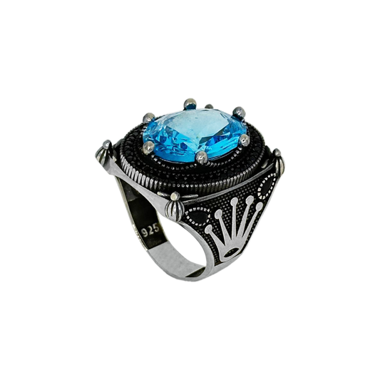 Silver Crown Ring with Aquamarine Stone