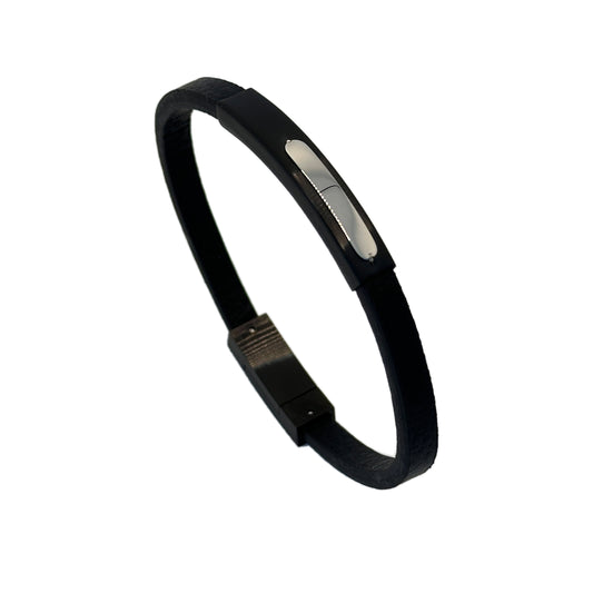 Black Leather Magnetic Closure Bracelet with Custom Engraving