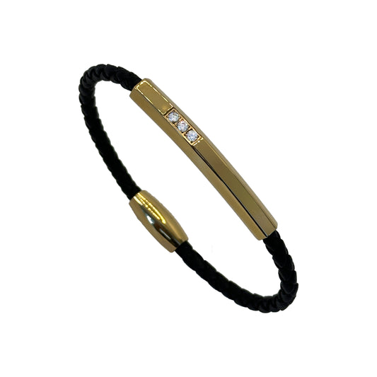Eye-Catching Gold Bar and Diamond Leather Bracelet for Men