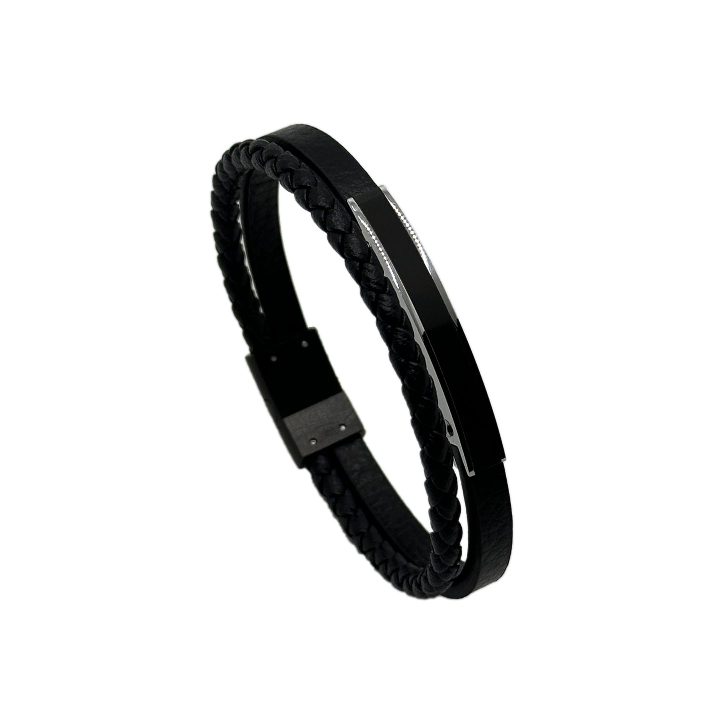 Men's Stainless Steel Bracelet with Black Leather Cord