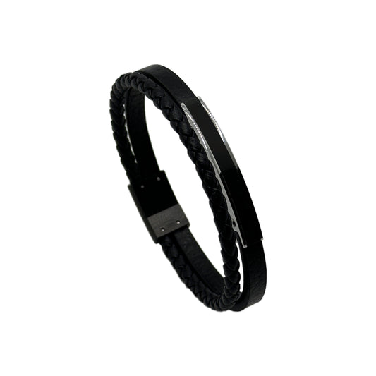 Men's Stainless Steel Bracelet with Black Leather Cord