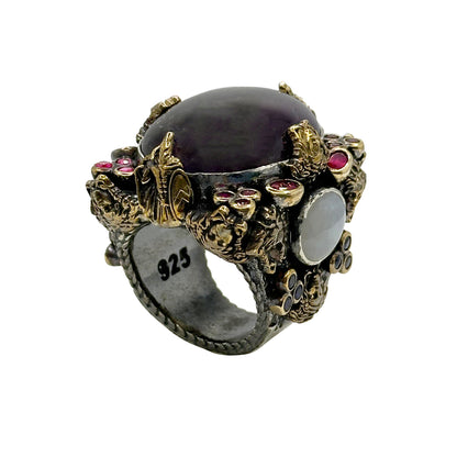 Handcrafted 925 Sterling Silver Amethyst Ring with Bronze Detailing - 55g
