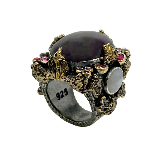 Handcrafted 925 Sterling Silver Amethyst Ring with Bronze Detailing - 55g