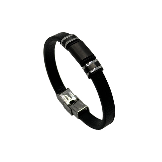 Men's Stainless Steel Bracelet with Black Leather Cord