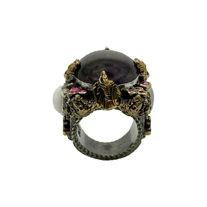 Handcrafted 925 Sterling Silver Amethyst Ring with Bronze Detailing - 55g