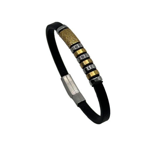 Black Leather & Stainless Steel Bracelet for Men