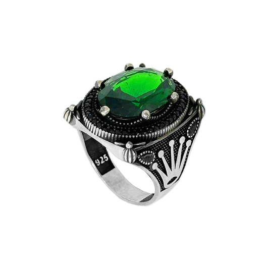 Silver Crown Ring with Green Zirconia Stone