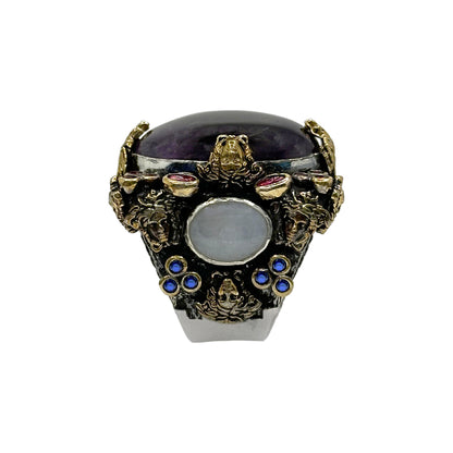 Handcrafted 925 Sterling Silver Amethyst Ring with Bronze Detailing - 55g