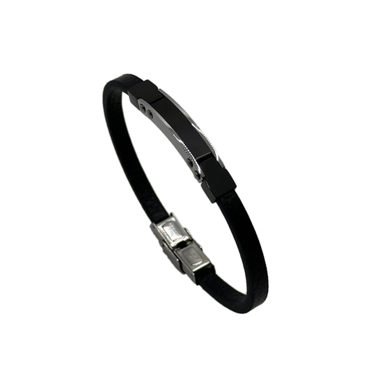 Men's Black Leather Bracelet - Stainless Steel Bar Clasp - Modern & Minimalist